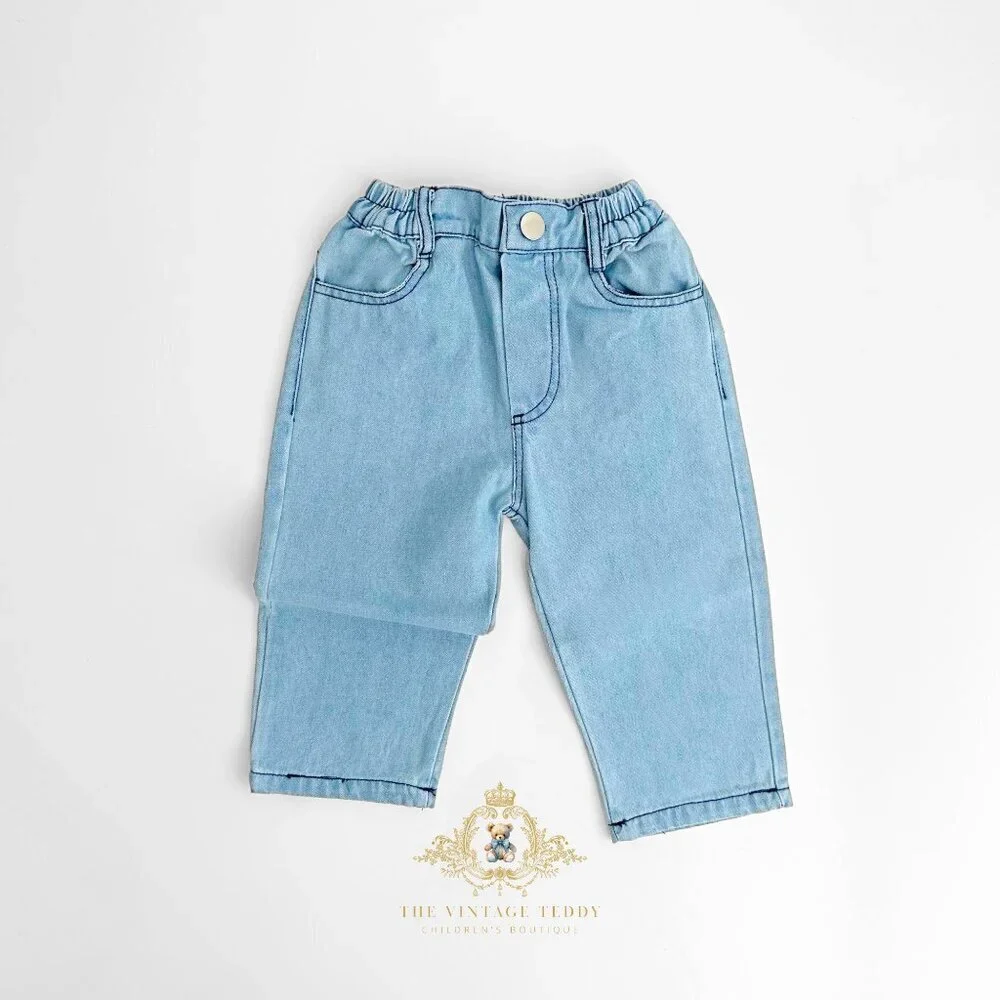 NWT Cute Kids Denim Jeans Straight Leg Comfy Relaxed Fit Stone Wash Blue 18-24M